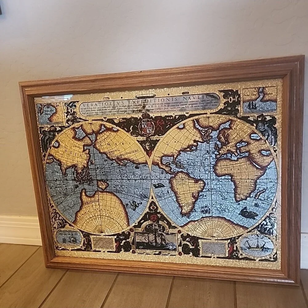 Vintage Framed Antique Map Foil Print on Glass VERA TOTIVS EXPEDITIONIS NAVTICA